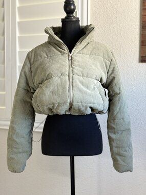 Ambiance Outerwear Sage Green Cropped Corduroy Puffer Jacket, L